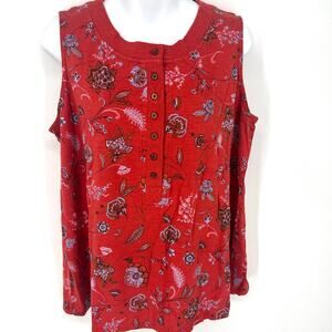 J. Jill Womens Sleeveless Button Up Rust Floral Print Cotton Blend Top Sz Large